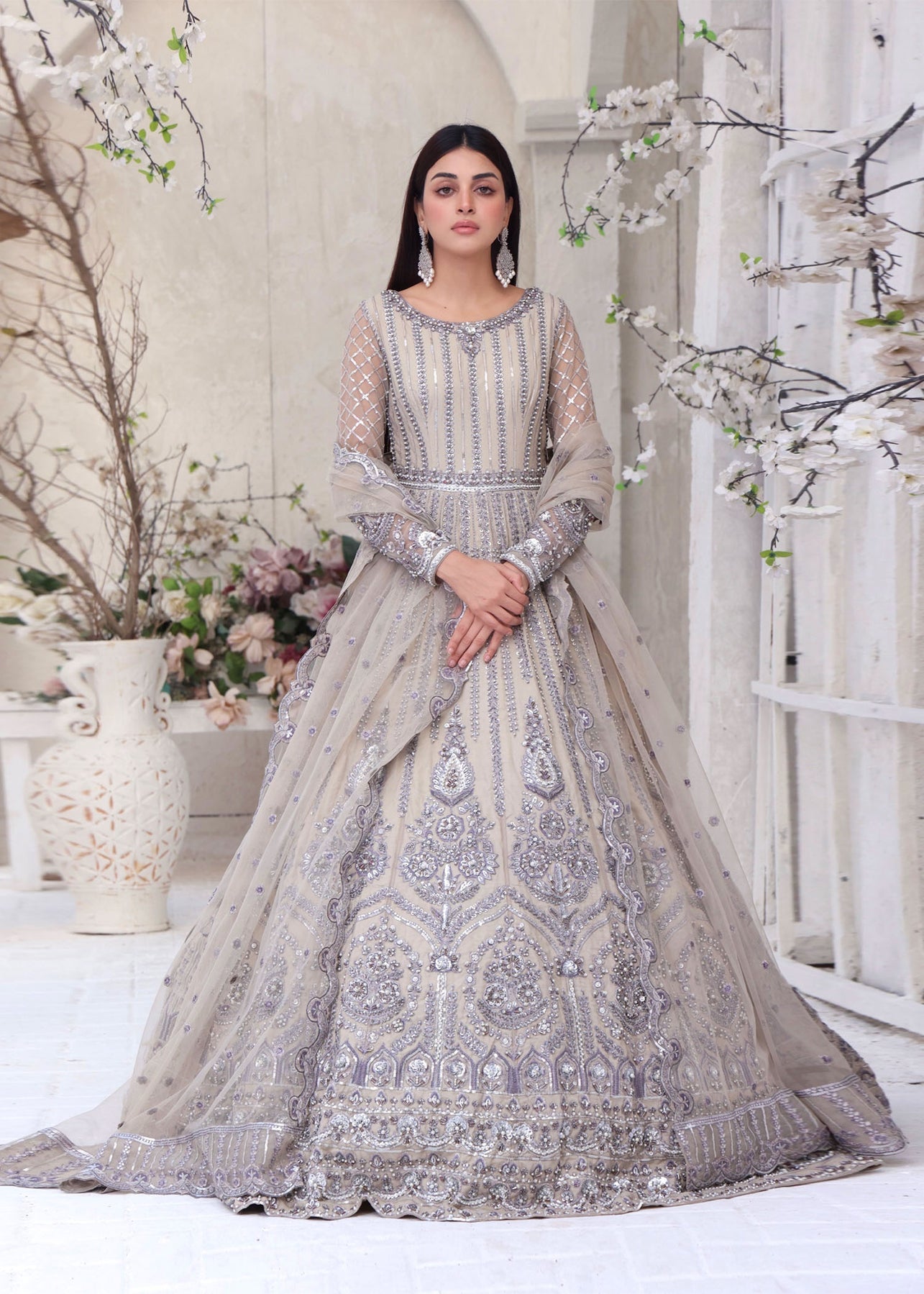 Buy Cream Anarkali Suit With Zardozi Embroidered Neckline And A Yellow  Floral Printed Dupatta Online - Kalki Fashion