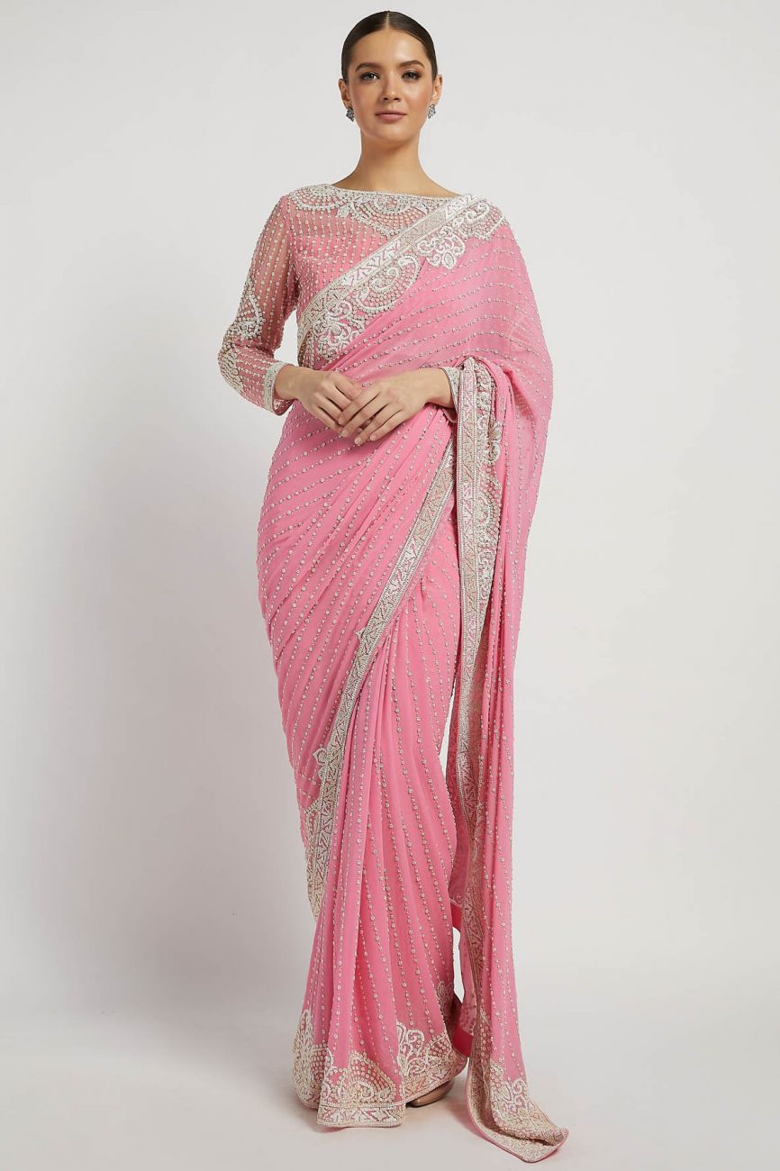 Buy Soft Pink Saree Bordered with Stone Work Online in Australia @Mohey -  Saree for Women