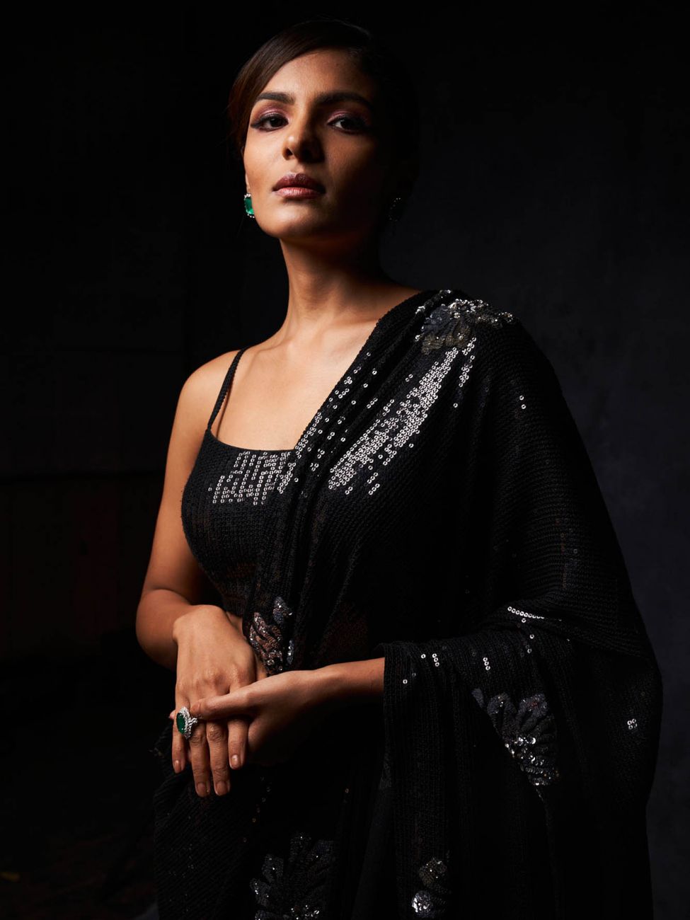 Buy Black Crystal Embellished Pre-Stitched Saree With Blouse by Designer  ITRH Online at Ogaan.com