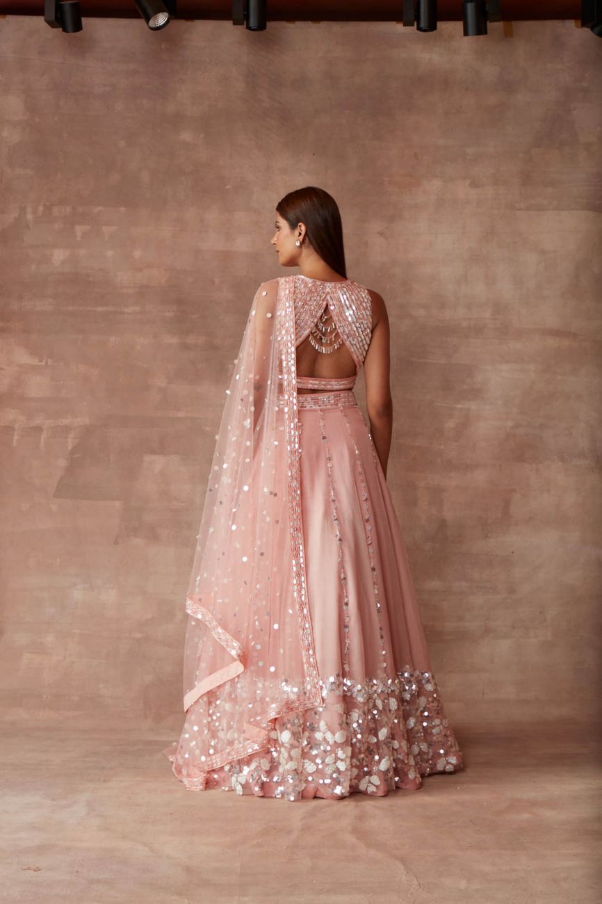 Light Pink Sequence Embellished Net Lehenga – Maharani