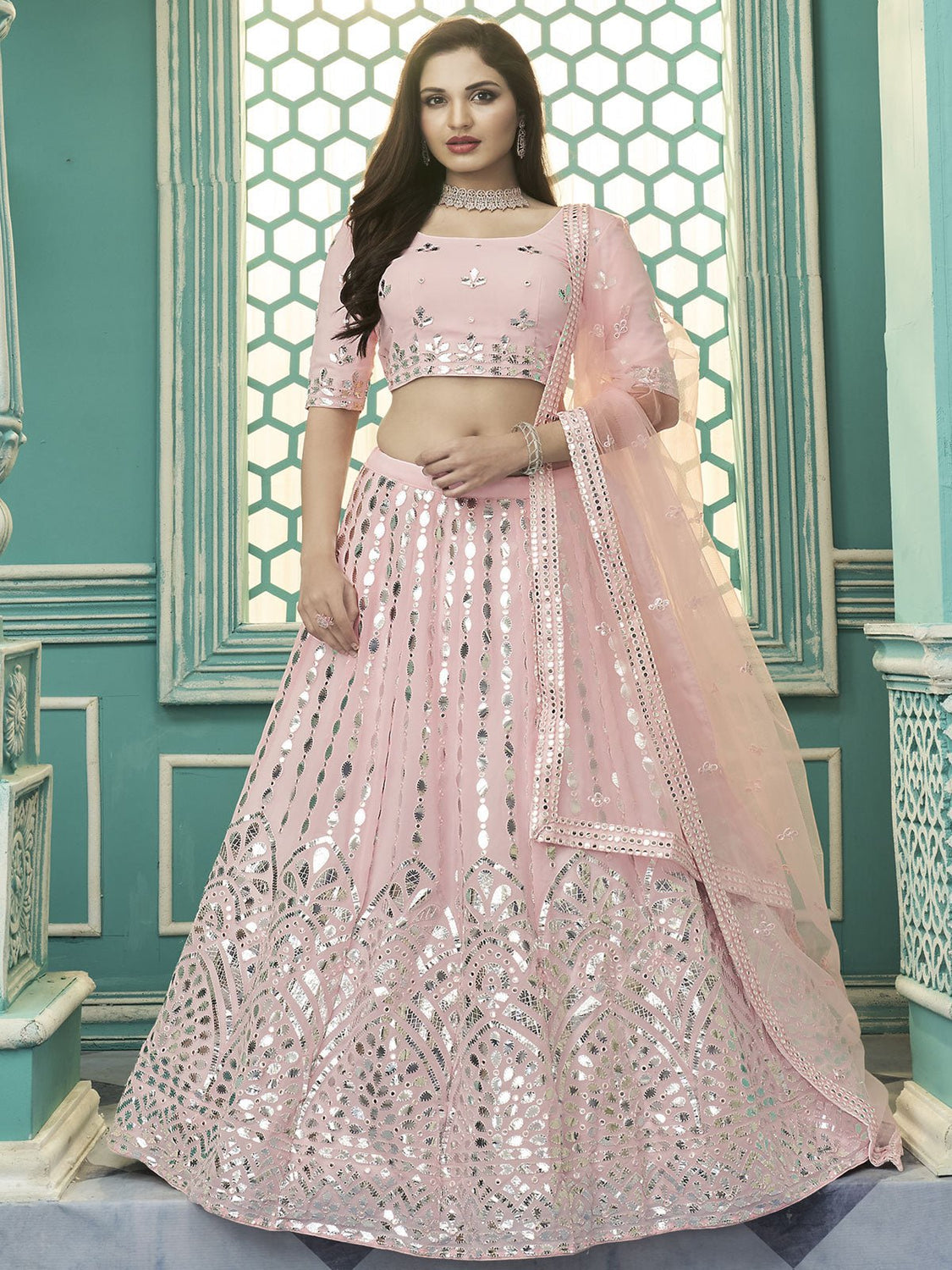 Designer Net Lehenga Choli In Baby Pink Color
