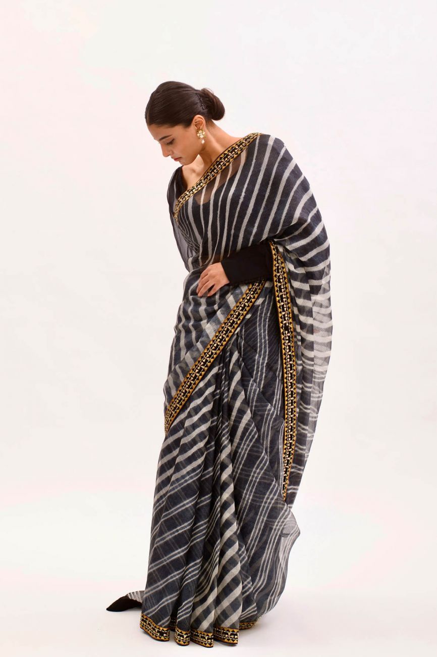 Buy Black Pure Chiffon Embroidered Zardozi Leheriya Saree With Blouse For  Women by Ruar India Online at Aza Fashions.