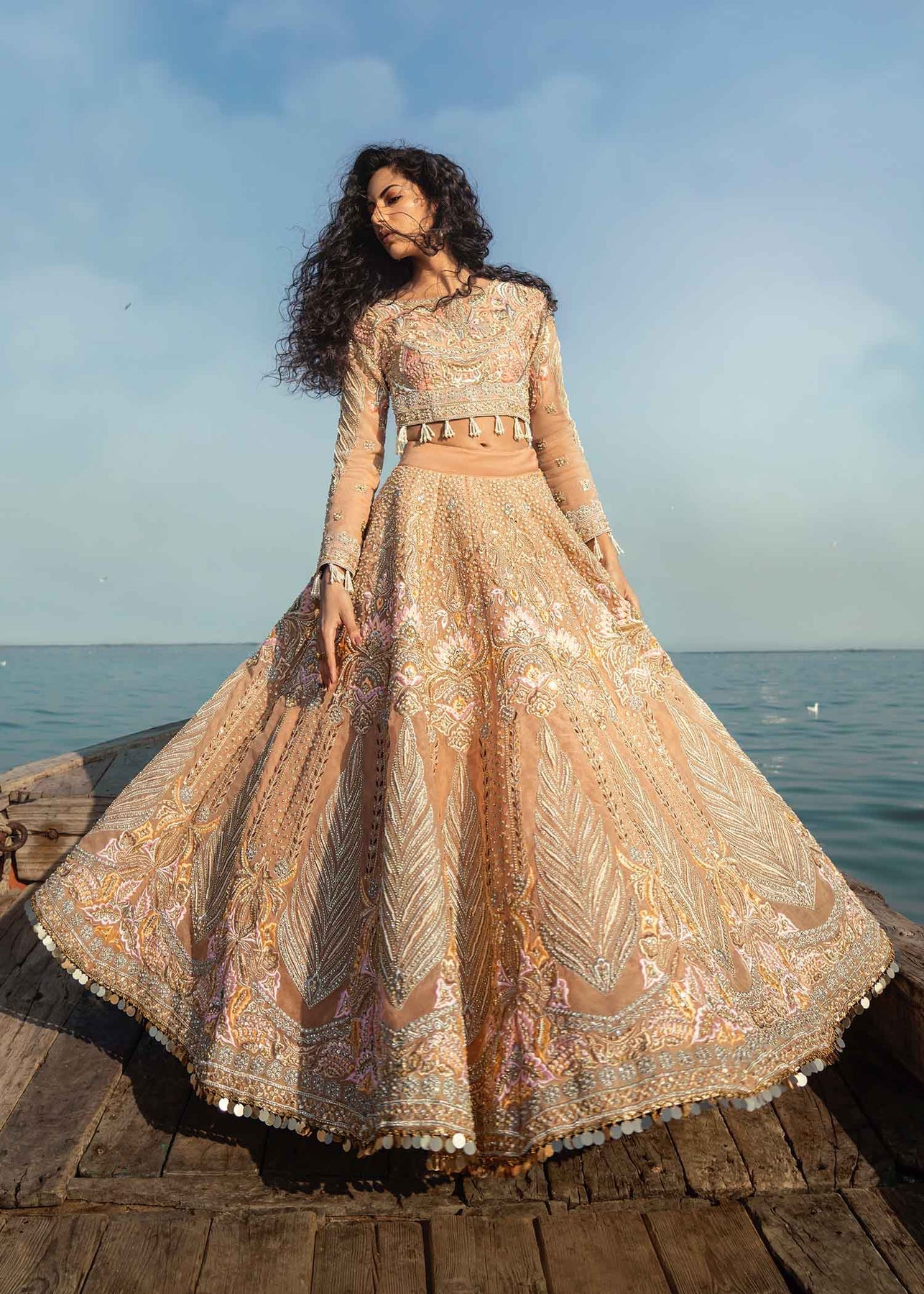 Beige embroidery net jacket, abstract print lehenga – Sapana Amin