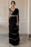 Black Embellished Ruffled Saree Set