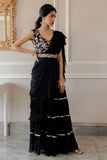 Black Embellished Ruffled Saree Set