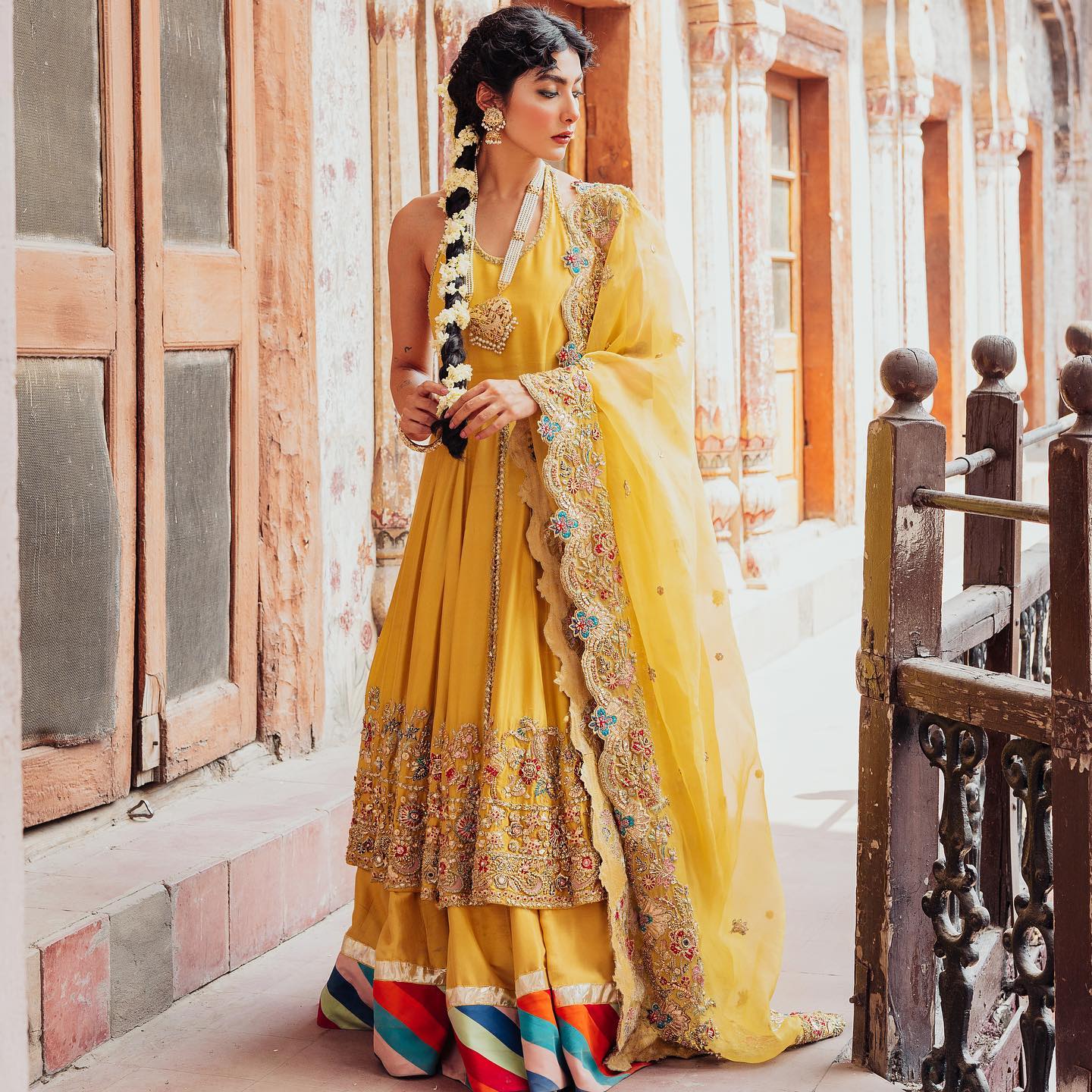 Glamorous Sonakshi Sinha in Blue and Yellow Lehenga Saree - MiaIndia.com