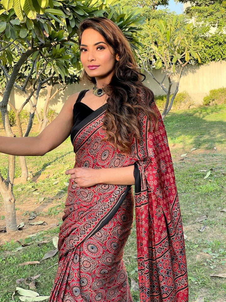 Black and Beige Ajrakh Print Modal Silk Saree with Long Jacket – The Ethnic  Tree