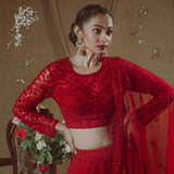 Heavy Embroidery  Net Silk Lehenga In Dark Red color