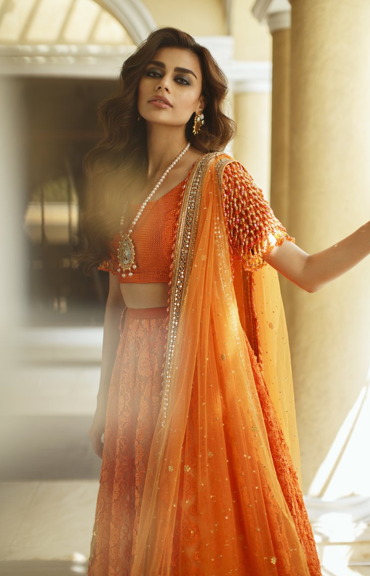 Orange and Red Color Banarasi Silk Lehenga Choli
