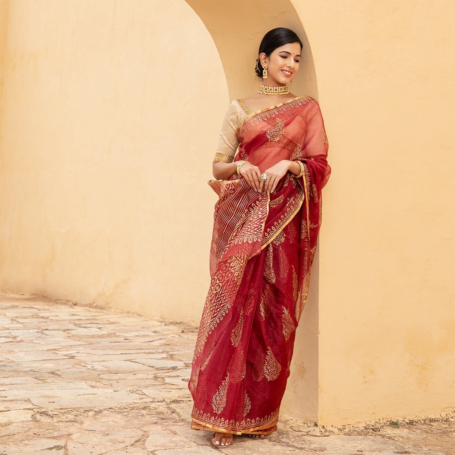 Mirror Border worked plain Red Pure Organza Saree – Organza Mall