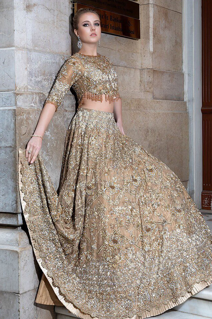 Buy Peach Georgette Embroidery Scoop Neck Layered Lehenga Set For Women by  Irrau by Samir Mantri Online at Aza Fashions.