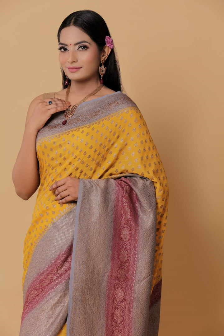 Lemon Yellow Raw Silk & Banarasi Georgette Cutdana Embroidered Draped Saree  Set Design by Studio Bagechaa at Pernia's Pop Up Shop 2024