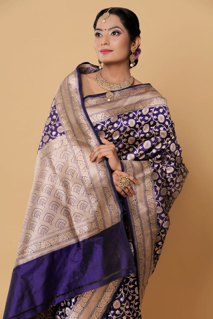 Buy Plum Purple Printed Banarasi Saree online-Karagiri