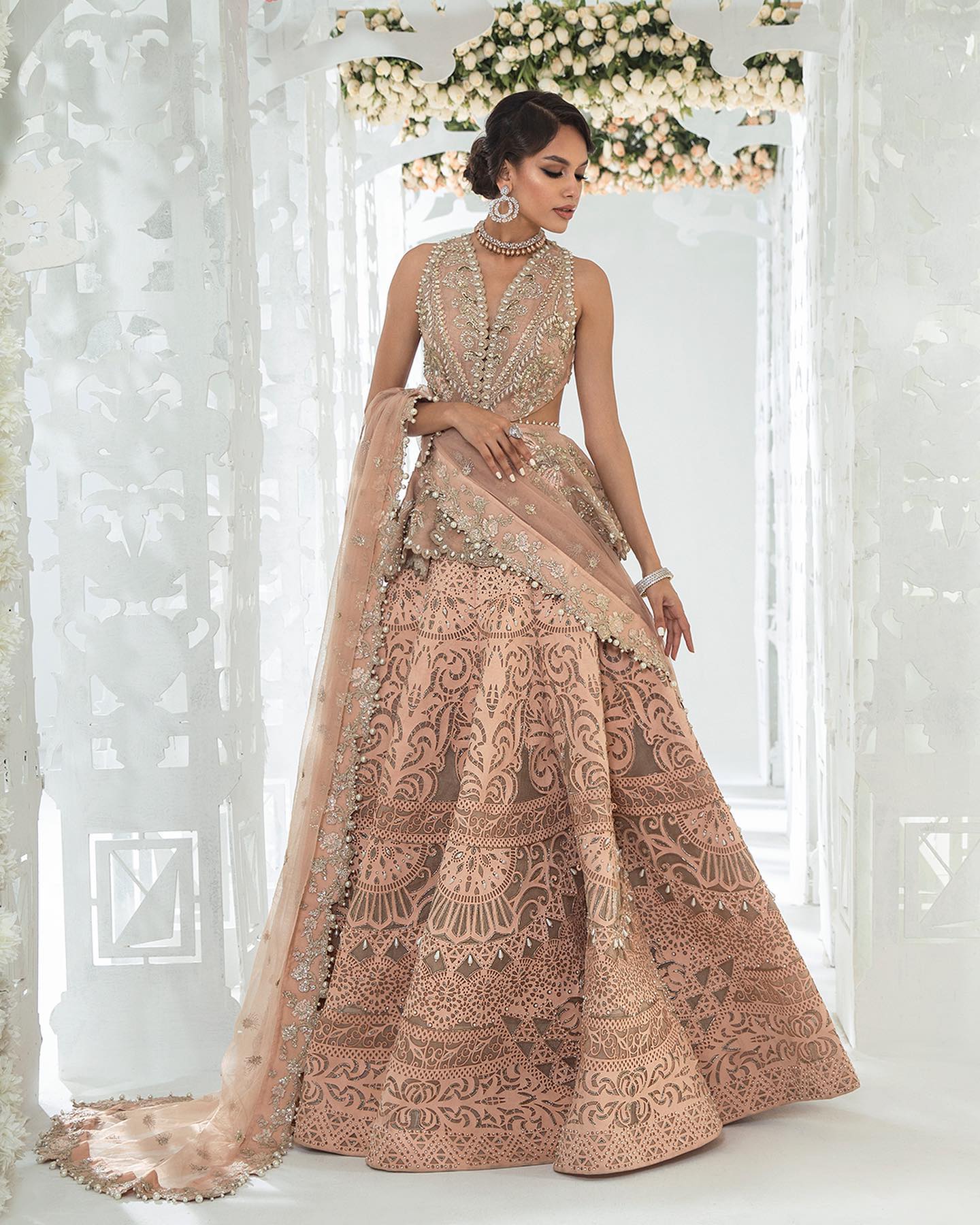 Buy Oyster Mermaid Lehenga With A Veil And A Crop Top In Stone  Motifs,Crafted In Organza With A Side Zip And Hooks Closure KALKI Fashion  India