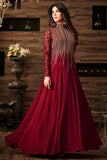 Fancy Maroon Color Faux Georgette Digital Printed Silk Pata Reception Wear Gown