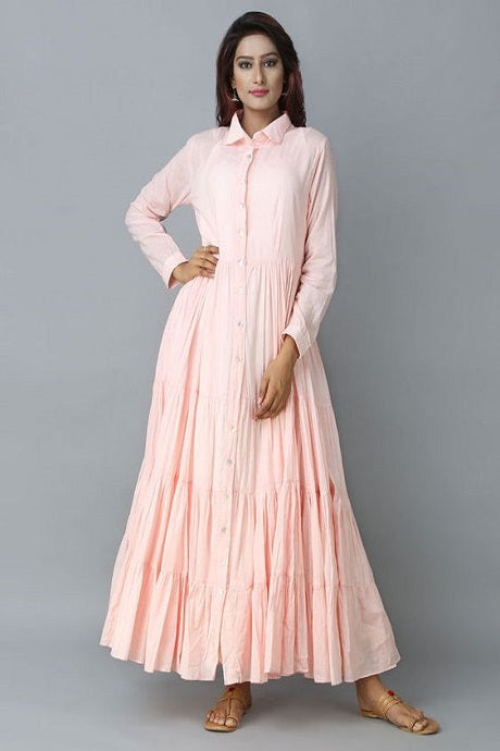 Peach Foil Print Overcoat Styled Long Gown For Girls – Seasons Chennai