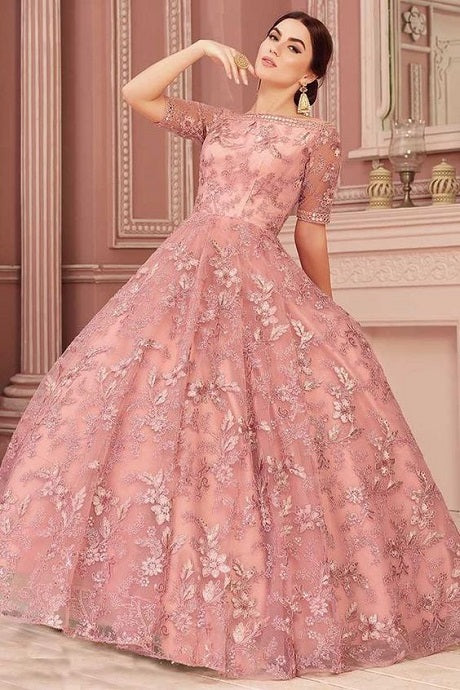 Long Peach Prom Ball Gown with Beads - PromGirl