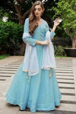 Beautiful Modern Party Wear Soft Butter Silk Blue  Color Designer Digital Printed Gown For Girls