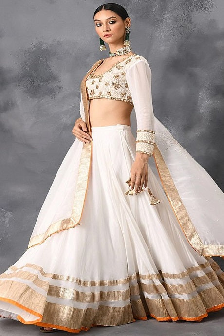 DRESSTIVE White & Gold-Toned Embroidered Semi-Stitched Lehenga & Unstitched  Blouse With Dupatta - Absolutely Desi