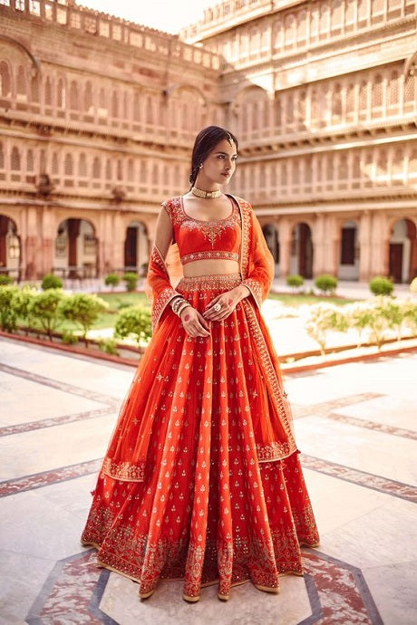 Bridal, Traditional, Wedding Orange, Red and Maroon color Silk fabric  Lehenga : 1753947