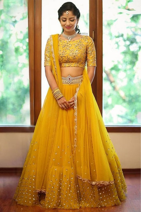 Buy Yellow Lehenga Chinon Embroidered Mirror V Neck Set For Women by Priyaa  Online at Aza Fashions.