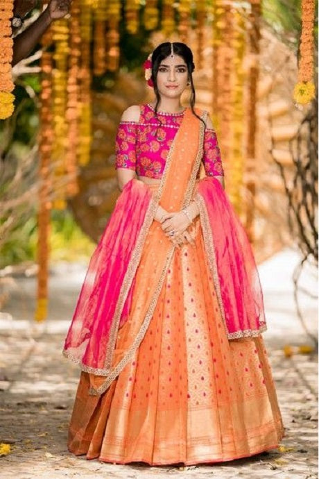 Buy Lehenga Online Shopping Beige With Pink Satin Chaniya Choli Online -  LLCV00491 | Andaaz Fashion