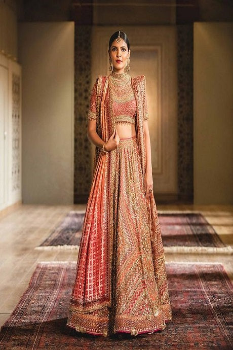 Buy Coral Pink Bel Buti Embroidered Bridal Lehenga Online in India @Mohey -  Lehenga for Women