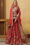 Crimson And Peach Embroidered Designer Lehenga Choli For Wedding