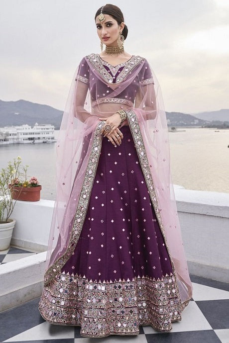 Buy Plum Purple Sequins Embroidered Raw Silk Wedding Lehenga Online |  Samyakk