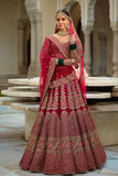 Embroidered Net Lehenga in Beige and Red