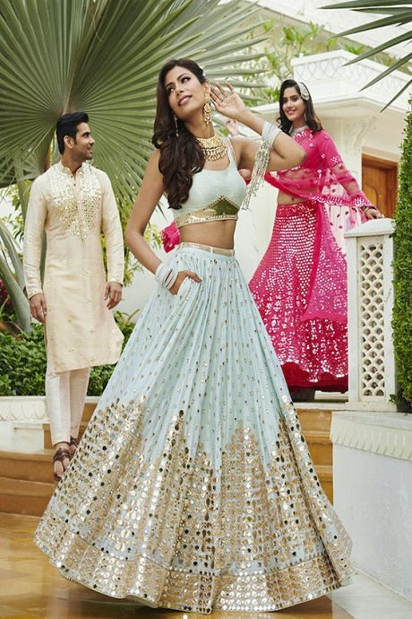 Pastel Pink Blue Eri Silk Lehenga for Wedding & Festive Ethnic Look –  Dharang