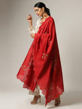 Red Silk Chanderi Scalloped Dupatta With Zari Embroidered Floral Motifs