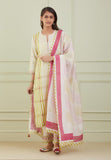 Off White And Pink Chanderi Embroidery Printed Dupatta